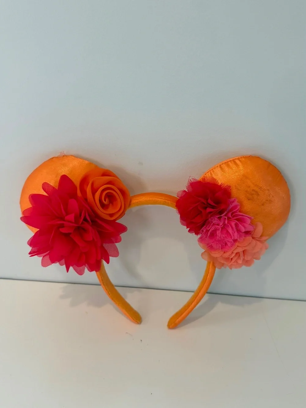 Disney Mickey Mouse Floral Ears Headband Orange Satin Fabric